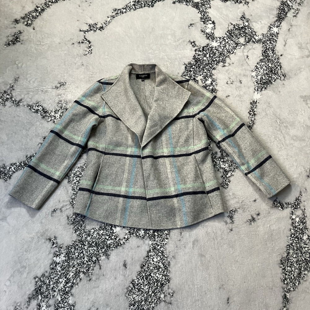 Talbots Jacket Womens Sz LP Grey Plaid Wool Blend Open Front Peplum Back